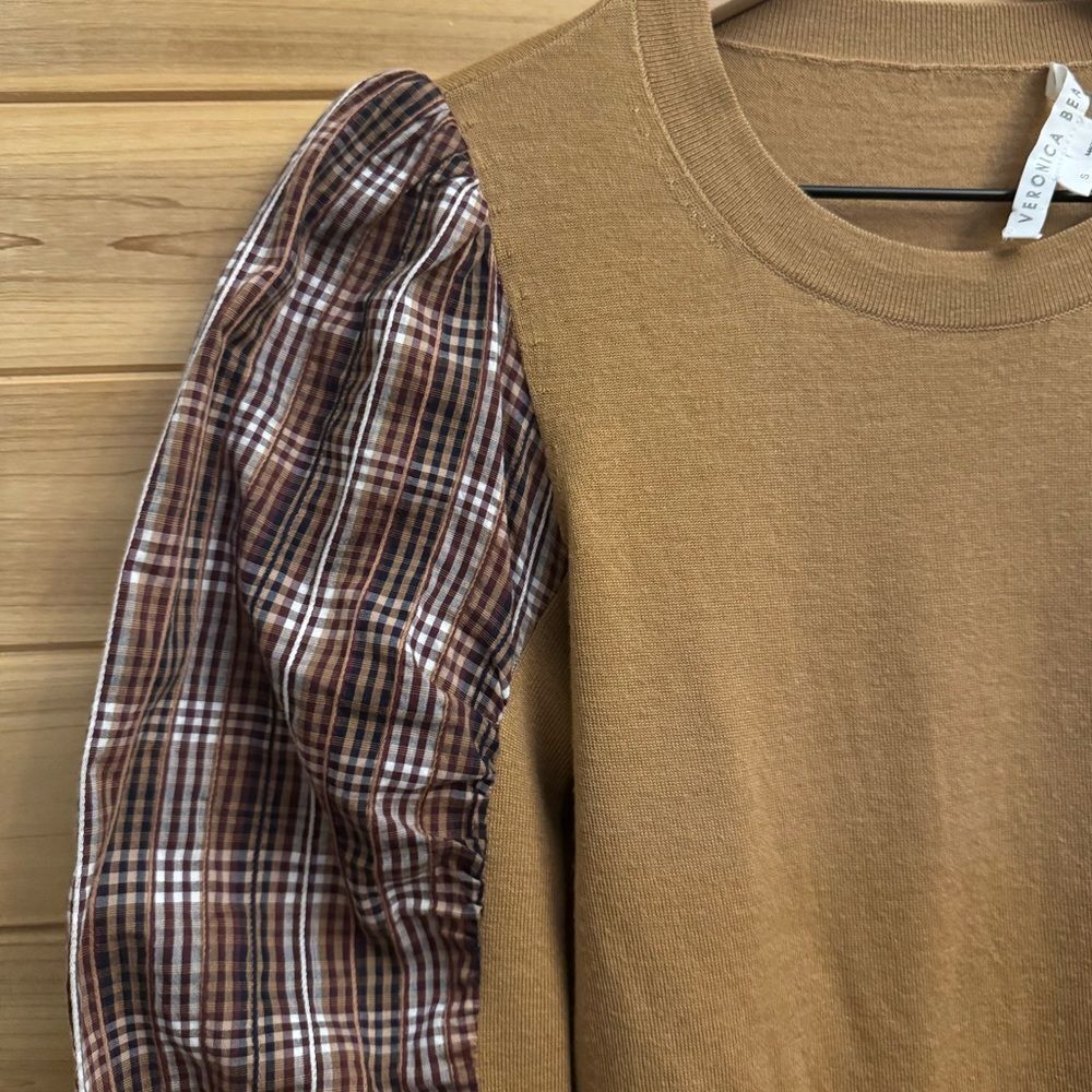 Veronica Beard Size Small Mixed Media Adler Wool Plaid Sleeve Pullover Sweater - Picture 6 of 11